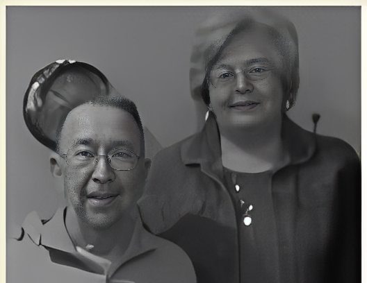 Grayscale double-exposure portrait of two adults