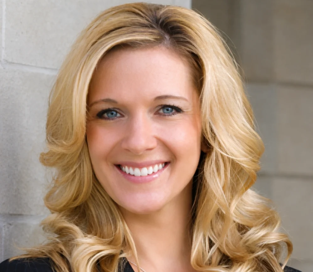 Smiling blonde woman with wavy hair