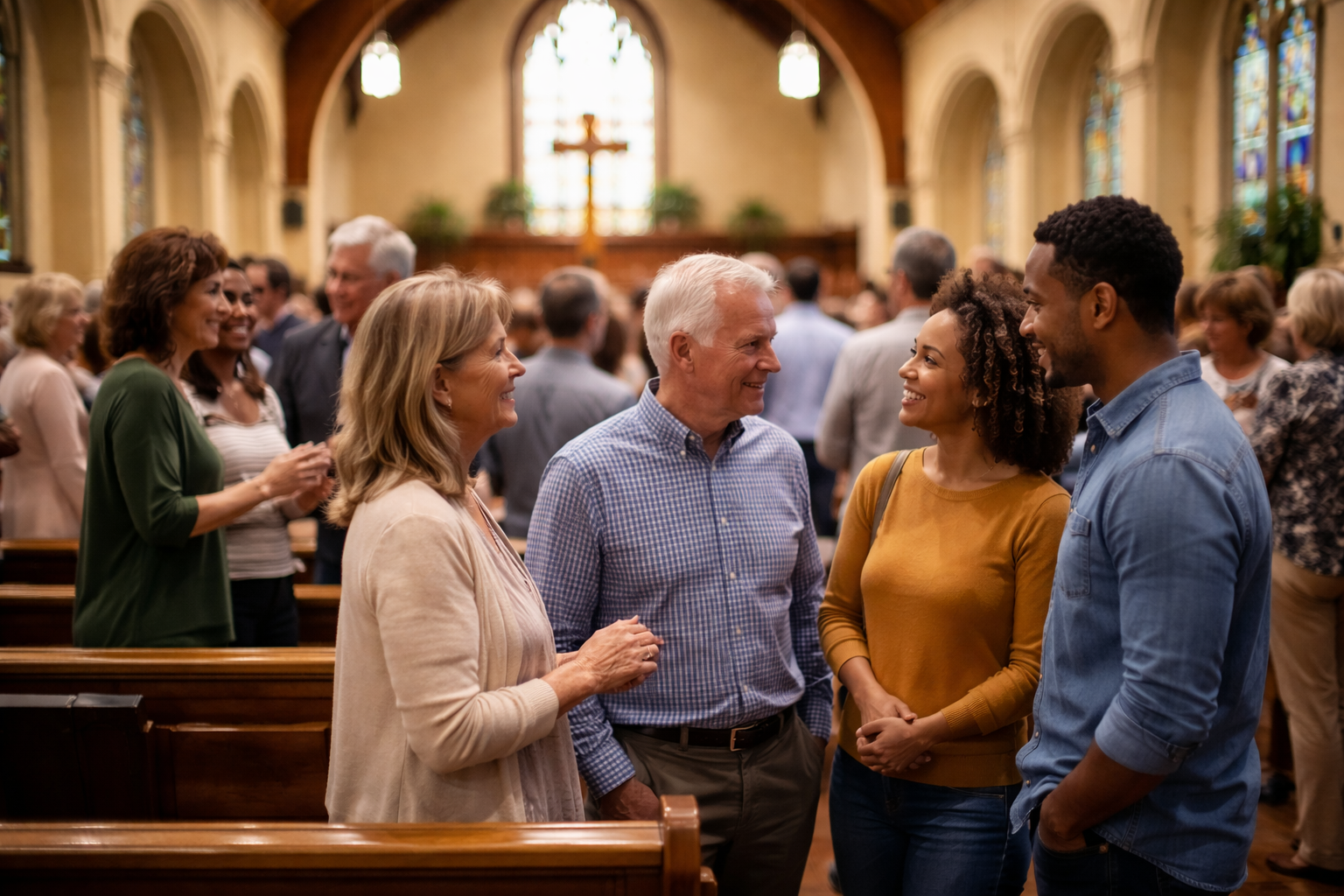 Diverse churchgoers chatting in sunlit sanctuary